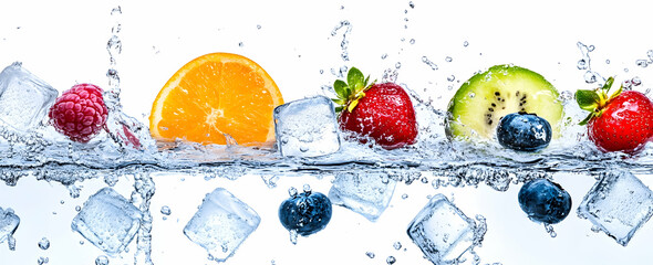 Fruit and ice cubes splashing in water