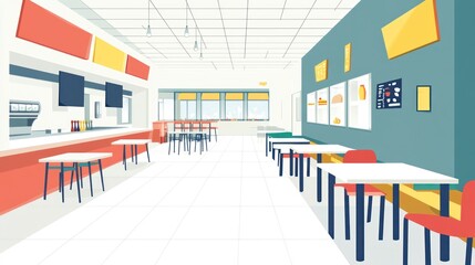 Modern cafeteria interior, bright, clean, food service