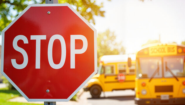 Bright stop sign at school bus stop on sunny day, safety awareness