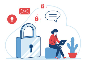 Data Protection Illustration Showing Woman Using Laptop With Secure Network