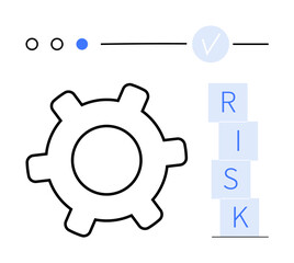 Large outlined gear beside stacked RISK letters, checkmark, and circular icons. Ideal for risk assessment, strategy, decision-making, problem-solving, innovation, operational flow abstract line flat