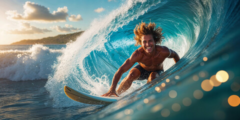 Happy Surfer Riding Blue Ocean Wave At Sunset Summer Vacation