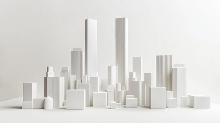 Abstract cityscape model, geometric shapes, white background, architectural design, stock photo