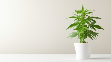 Fototapeta premium A potted cannabis plant sitting on a white surface against a plain beige wall, minimalistic indoor setting, natural green leaves, and home decor concept.