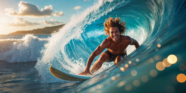Happy Surfer Riding Blue Ocean Wave At Sunset Summer Vacation