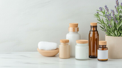 Eco-friendly skincare products with glass bottles on a marble background.