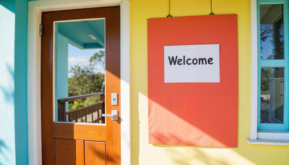 Inviting classroom door with "Welcome" sign on sunny day, learning environment
