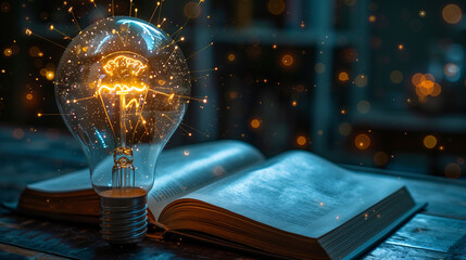 An incandescent lightbulb. A book, displaying a brain  gaining knowledge, understanding and creativity.