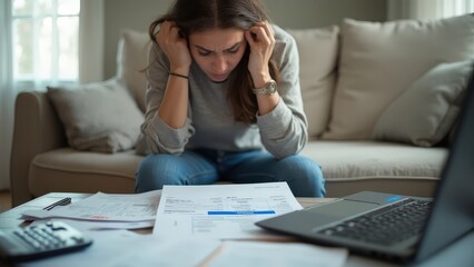 Stressed young hispanic female struggling with financial bills at home