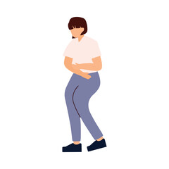 Woman Holding Her Stomach in Discomfort. A woman holding her stomach, portraying a feeling of discomfort or pain. This illustration is suitable for topics like health, illness, or discomfort