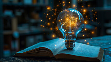 An incandescent lightbulb. A book, displaying a brain  gaining knowledge, understanding and creativity.