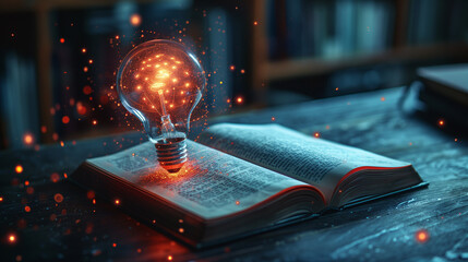 An incandescent lightbulb. A book, displaying a brain  gaining knowledge, understanding and creativity.