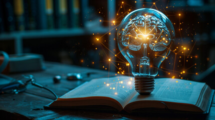An incandescent lightbulb. A book, displaying a brain  gaining knowledge, understanding and creativity.