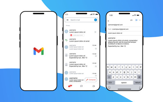 Gmail UI mockup template. Gmail inbox and email thread layout with compose message interface. Gmail search bar, sidebar, and label navigation for efficient email management on web and mobile.
