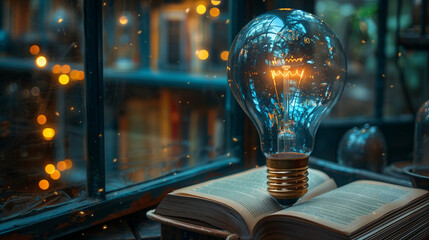 An incandescent lightbulb. A book, displaying a brain  gaining knowledge, understanding and creativity.