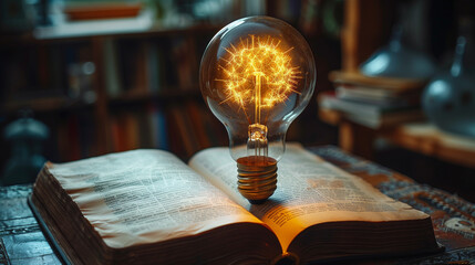 An incandescent lightbulb. A book, displaying a brain  gaining knowledge, understanding and creativity.