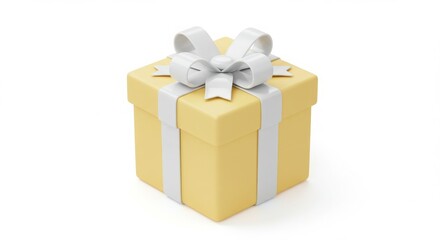 Naklejka premium A photorealistic 3D rendering of a soft yellow pastel gift box with a glossy finish and pristine white ribbon tied in a symmetrical bow against a minimalist white background