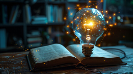 An incandescent lightbulb. A book, displaying a brain  gaining knowledge, understanding and creativity.