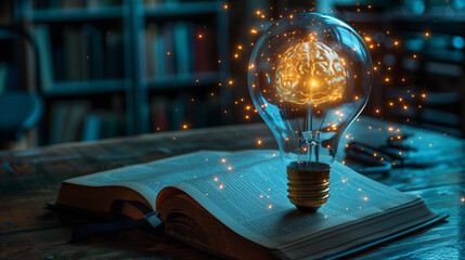 An incandescent lightbulb. A book, displaying a brain  gaining knowledge, understanding and creativity.