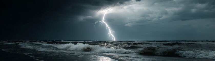 A massive lightning bolt illuminates a dark, stormy seascape, waves crashing against the shore - dramatic coastline and waves coastal