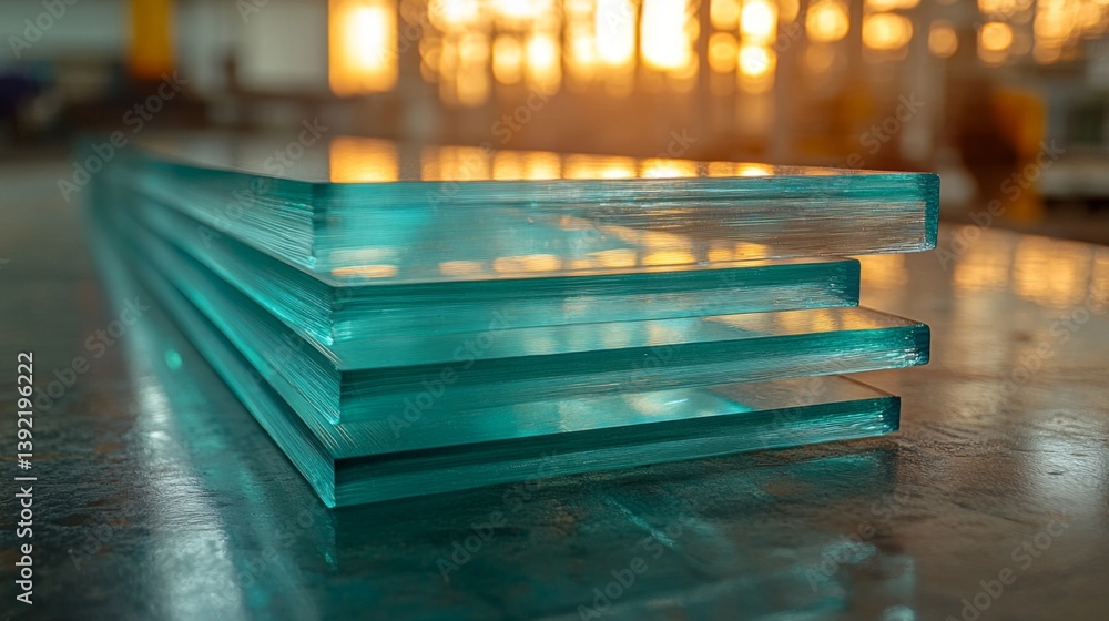 Poster multiple sheets of blue glass are neatly stacked on a surface in a workshop, illuminated by the warm