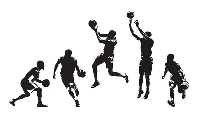 Basketball; group of basketball players; set of vector silhouettes. High contrast illustrations