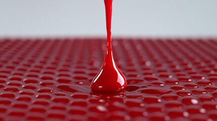 Macro red drop captured in motion on glossy surface. Liquid texture with smooth curves and bright color emphasizes form, motion, and modern abstract shape.