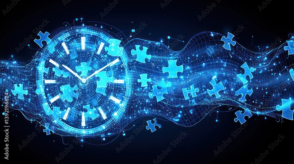 Poster time puzzle: a digital clock and puzzle pieces flowing in a dynamic wave