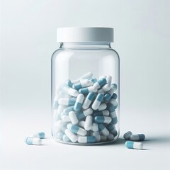 Clear vitamin bottle with a white, smooth cap. The bottle is filled to the top with blue and white capsules on a white background