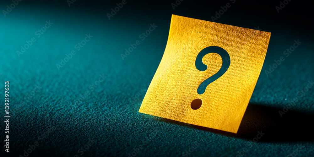 Poster yellow textured paper with question mark cutout, sitting on dark teal background. represents inquiry