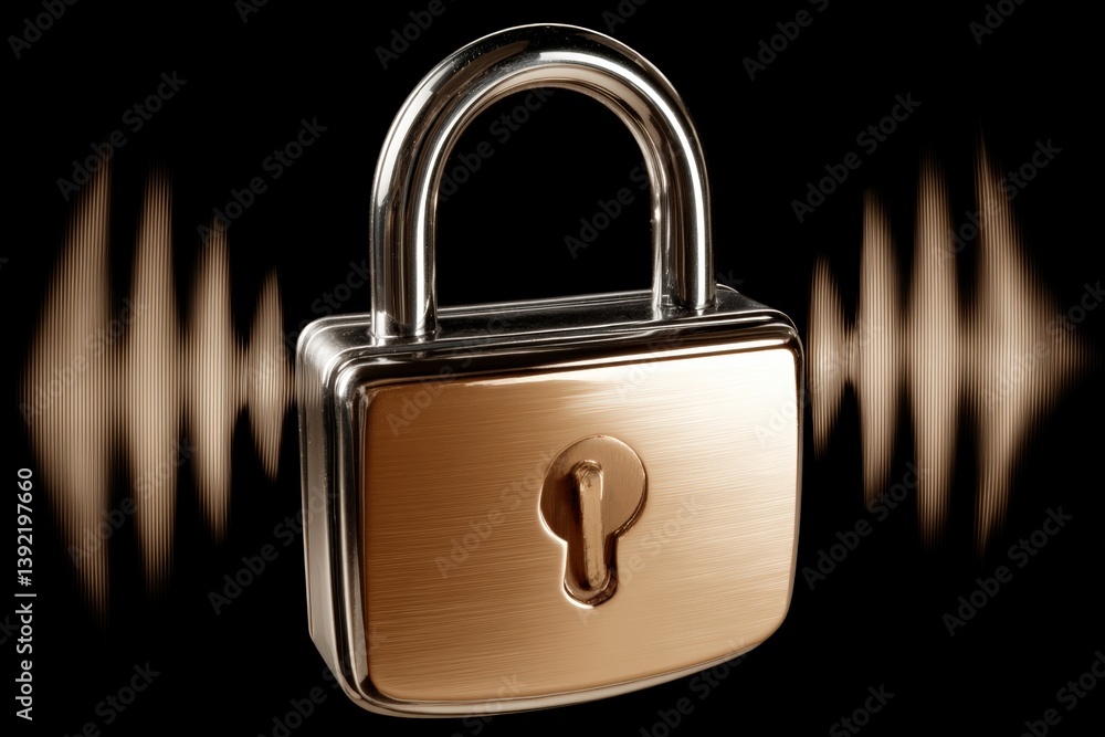 Poster lock symbolizing security with sound waves in the background.