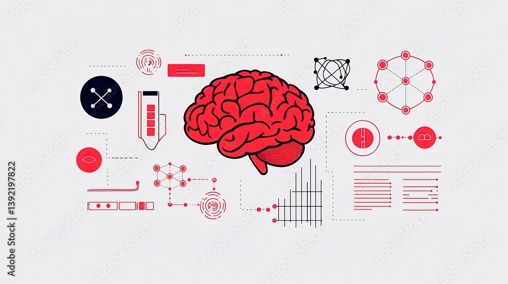 Poster digital brain concept banner, showcasing atomic icons and abstract graphs, symbolizing knowledge tra