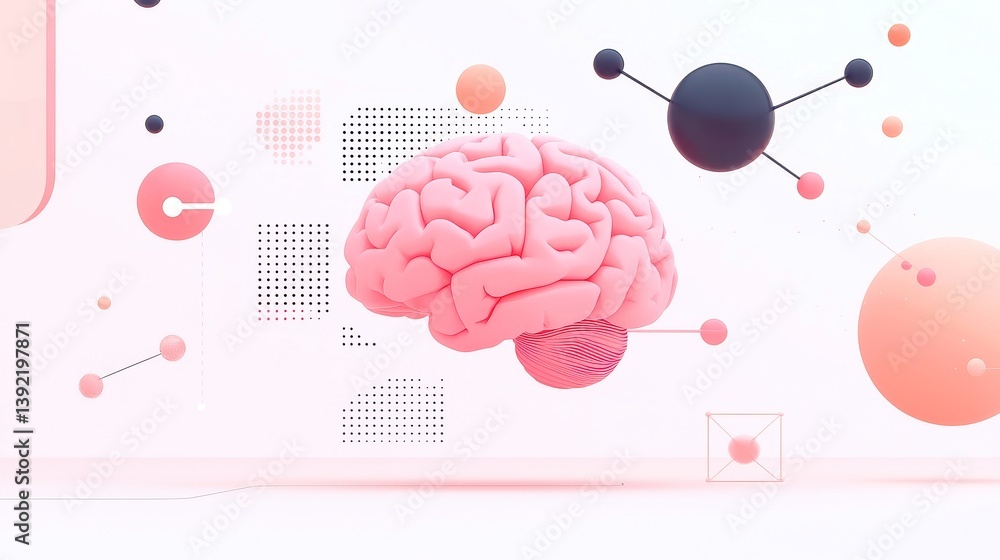 Poster digital brain concept, abstract representations of knowledge transfer, interconnected atomic icons, 