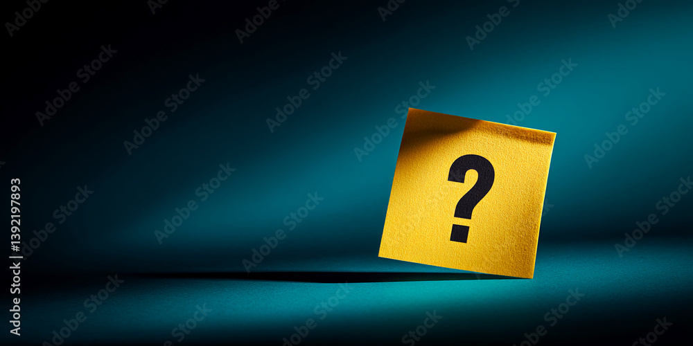Poster yellow sticky note with black question mark on teal background, showcasing inquiry, uncertainty, or 