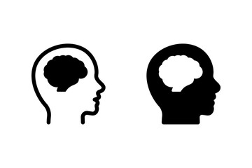 brain inside a human head icon set. Represents intelligence, idea, thought, memory, and cognitive function. Simple black and white icon suitable for various design purposes