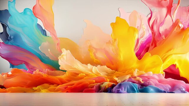 Colorful paint explosion on a white wall in an empty room