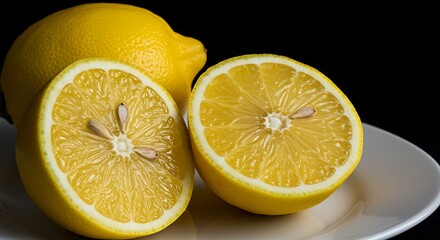 Fresh Lemons Halved and Whole on a White Plate for Cooking