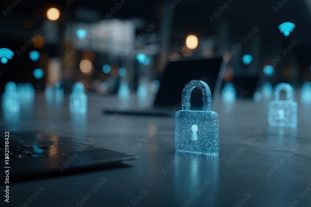 Poster digital padlock with glowing wi-fi signals in a tech setting.