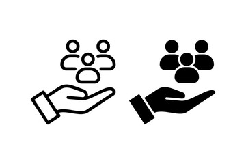 hand holding a group of people icon set. Symbolizes community, support, teamwork, leadership, and care. Suitable for representing business, charity, human resources, and social services