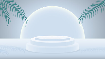 3D Minimal Product Podium Background with Tropical Palm Leaves and Soft Light for Cosmetic Display and Branding Presentation