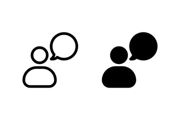 icon depicting a person with a speech bubble, representing communication, conversation, and discussion. Vector illustration, isolated on transparent