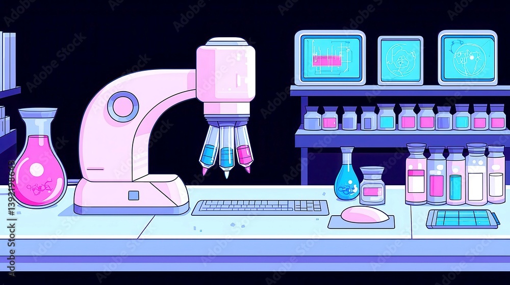 Poster futuristic science lab design, featuring intricate line art, showcasing advanced ai, robotics, and g