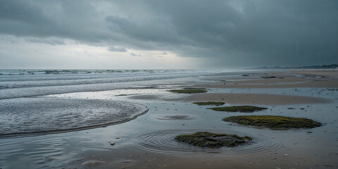 Fototapeta premium Moody Coastal Landscape With Tide Pools And Rain Clouds At The Beach