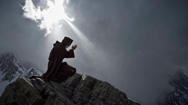 Monk praying on mountain top with sun rays