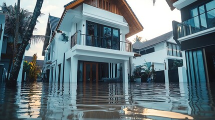 Flooded modern houses, tropical residential area, sunrise, disaster