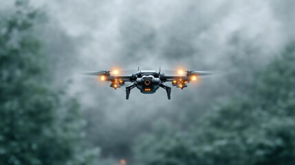 Fototapeta premium Drone flying through misty forest