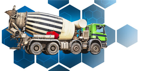 A concrete mixer truck, prominently featuring a striped drum, stands alone against a bold hexagonal...