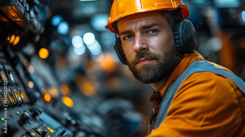 Poster A skilled worker in an orange uniform and helmet operates complex machinery in a mining facility, focused on extraction processes while monitoring equipment and controls.
