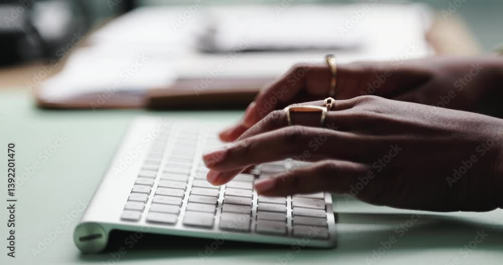 Poster Person, hands and typing on keyboard in office for email, spreadsheet and proposal or application for work. Woman, online and technology with task for drafting, digital notes and business report