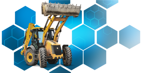 The robust all-purpose backhoe loader stands alone, ready to go anywhere. Its bright yellow colors contrast sharply with the geometric background, highlighting its power.